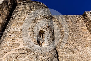 The Historic Old West Spanish Mission San Jose, Founded in 1720, San Antonio, Texas, USA. Showing bell tower with entrance.