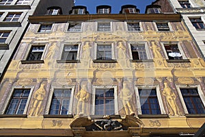 Historic painted Polish building in Wroclaw, Poland.