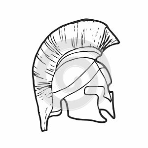 Historic past golden leonidas helm on white backdrop. Freehand outline black ink hand drawn picture sign sketchy in art doodle