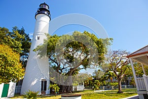 The historic and popular center, lighthouse and Duval Street in downtown Key West. Beautiful small town in Florida