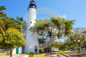 The historic and popular center, lighthouse and Duval Street in downtown Key West. Beautiful small town in Florida