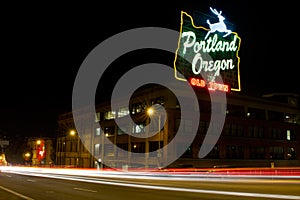 Historic Portland Old Town Sign Light Trails