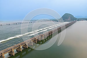 Historic Prakasam barrage over river Krishna in Andhra Pradesh state, India photo