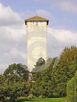 Historic quadrangular white water tower