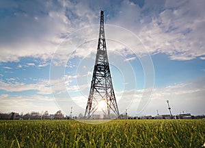 Historic radiostation tower in Gliwice in the contour light, Poland.