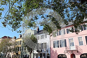 Historic Rainbow Row in Charleston in the fall