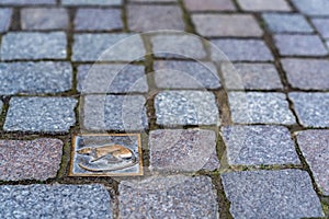 The historic rat emblem embedded in the cobblestone alleys of old town Hamelin