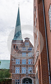 Historic red brick church in old town city center of Lubeck