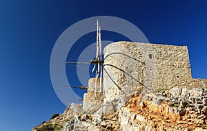 The historic remnants of traditional Cretan windmills on Las thi Plateau in Crete, Greece