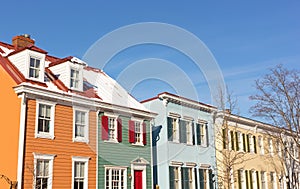 Historic residential houses in Georgetown neighborhood during winter, Washington DC, USA.