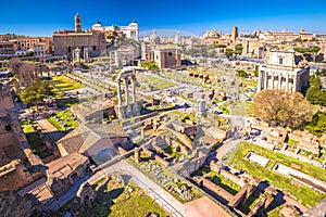 Historic Rome ruins on Forum Romanum view from above, eternal city of Rome