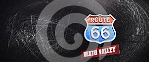 Historic Route 66 Road Sign. Road sign on a black background banner. (with the addition of the effect of