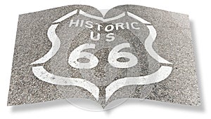 Historic Route 66 sign painted on asphalt of highway in Arizona - California - concept