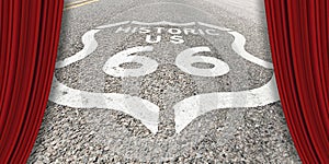Historic Route 66 sign painted on asphalt of highway in Arizona - California - Concept