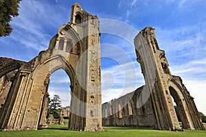 The historic ruins of Glastonbury Abbey in Somerset, England, United Kingdom