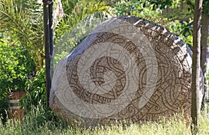 Historic rune stone at the castle in Trelleborg, Sweden