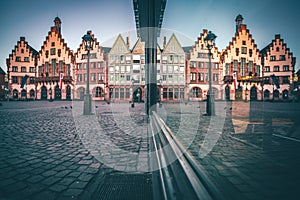 The historic RÃ¶merberg in Frankfurt am Main with the historic half-timbered church and the town hall. Sightseeing