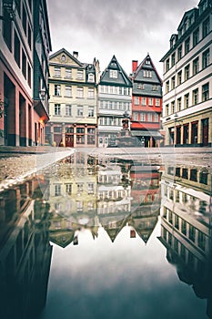 The historic RÃ¶merberg in Frankfurt am Main with the historic half-timbered church and the town hall. Sightseeing