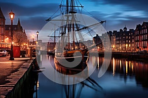 Historic sailing ship in the harbor of Gdansk, Poland, Old Leiths Docks at Twilight. Edinburgh, Scotland, AI Generated