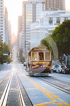 Historic San Francisco Cable Car on famous California Street at sunrise, California, USA