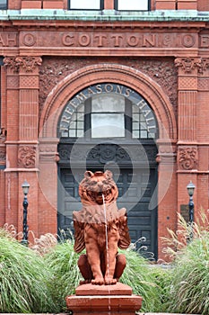 Historic Savannah Georgia Cotton Exchange in Savannah Georgia. Red brick with lion fountain.