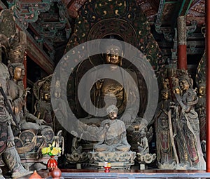 Historic sculpture of Buddha and Bodhisattvas at Upper Huayan Monastery