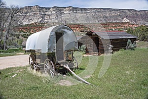 Historic sheep herders wagon and log cabin in Dinosaur National Monument, Colorado, USA