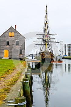 Historic ship named Three-masted Friendship anchored in Salem harbor