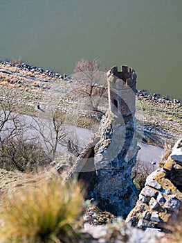 Historic small watchtower on narrow rocky cliff. Castle Devin, Bratislava