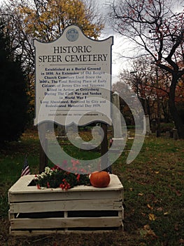 Historic Speer Cemetery Sign in Speer Cemetery in the Fall. photo