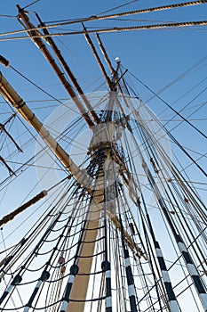 Historic square rig sailing ship rigging from bottom of mast