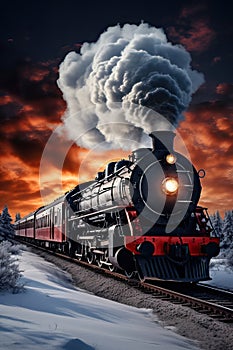 Historic steam locomotive. Old vintage black train ride in the snowy forest in north pole.