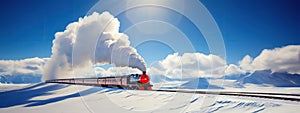 Historic steam locomotive. Old vintage red train ride in the snowy field in north pole. Fairy tale winter landscape.