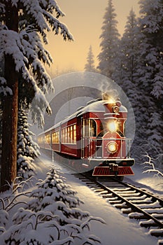 Historic steam locomotive. Old vintage red train ride in the snowy forest in north pole.