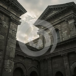 Historic stone architecture featuring columns, arches, and decorative cornices is set photo