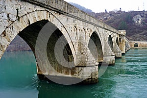 The historic stone bridge in the town of Visegrad.