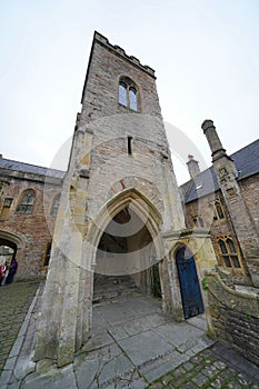 Historic stone tower in English street