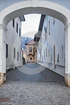 Historic street in centre of Kremnica, medieval mining town