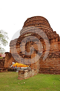 Stupa Chedi Ruins with a Reclining Buddha Image in Wat Yai Chai Mongkhon Temple, Ayutthaya, Thailand