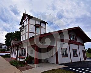 historic swiss style firehouse building in New Glarus WI