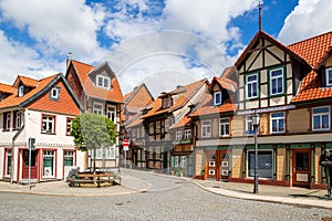 Historic timber framed houses in the centre of Wernigerode town in Saxony-Anhalt, Germany - April 26, 2018