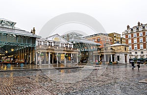 Historic and tourist popular Covent Garden square after a rain, London, United Kingdom