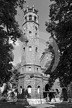 The historic tower of the Gothic red brick church in the city of Skwierzyna