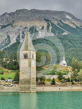 Historic Tower of Sunken Church near Lago di Resina in South Tyrol photo