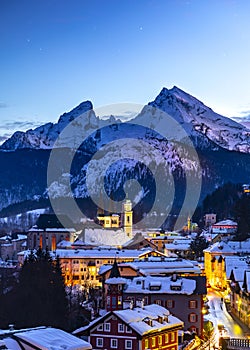 Historic town of Berchtesgaden with famous Watzmann mountain in the background, National park Berchtesgadener, Upper Bavaria,