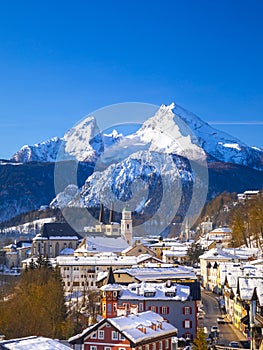 Historic town of Berchtesgaden with famous Watzmann mountain in the background, National park Berchtesgadener, Upper Bavaria,