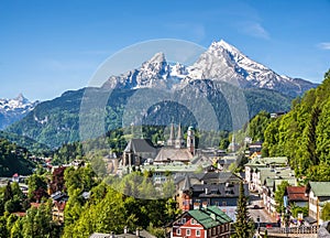 Historic town Berchtesgaden with Watzmann mountain in spring, Bavaria, Germany