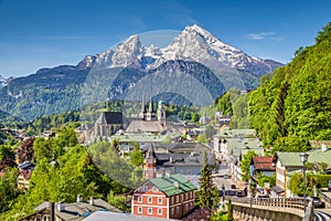 Historic town of Berchtesgaden with Watzmann mountain in spring, Berchtesgadener Land, Upper Bavaria, Germany