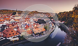 Historic town of Cesky Krumlov at sunrise in fall, Bohemia, Czech Republic