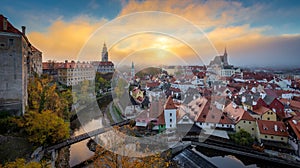 Historic town of Cesky Krumlov at sunrise in fall, Bohemia, Czech Republic